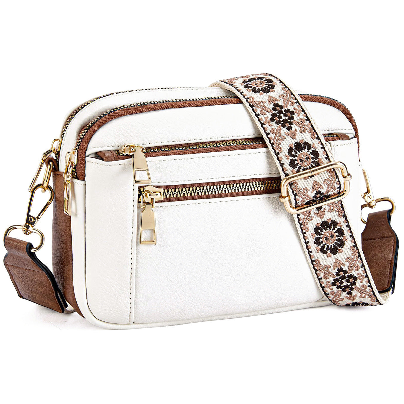 Sac Bandoulière Triple-Zip à Sangles Brodées – Sac Crossbody Femme | Ravelux