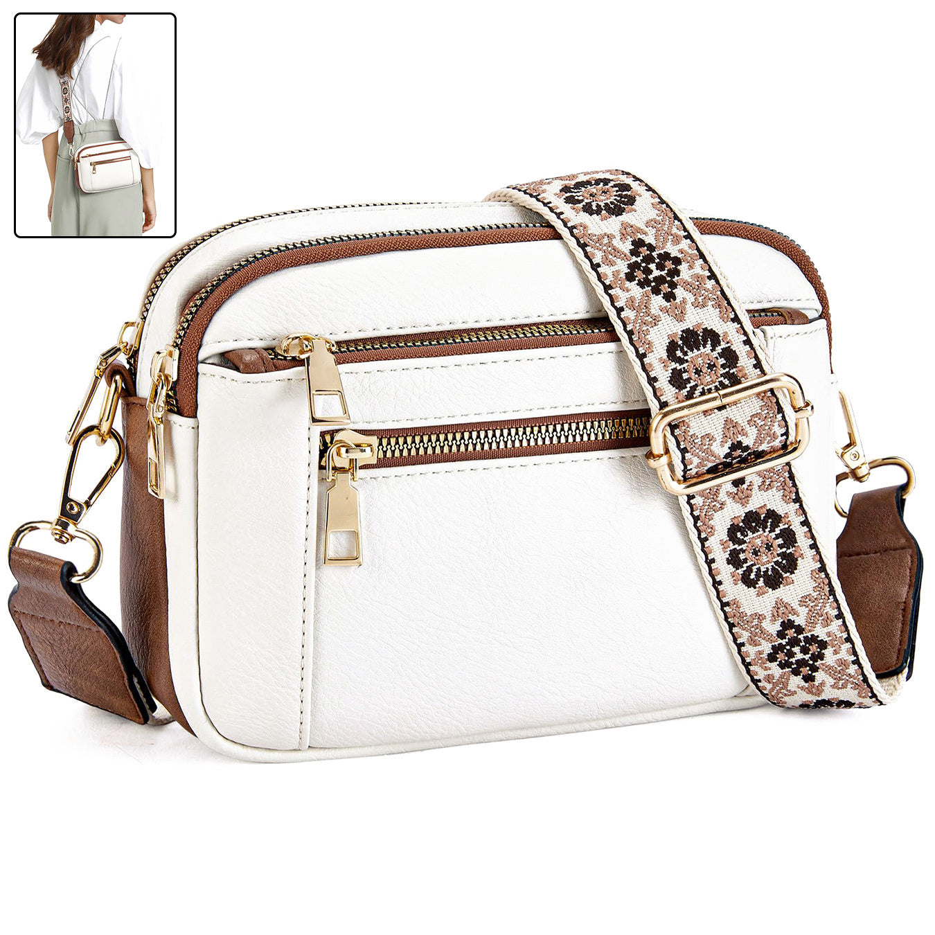 Sac Bandoulière Triple-Zip à Sangles Brodées – Sac Crossbody Femme | Ravelux