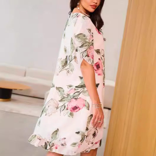 Robe Femme Ample à Col Rond – Imprimé Chic en Chiffon Léger | Ravelux