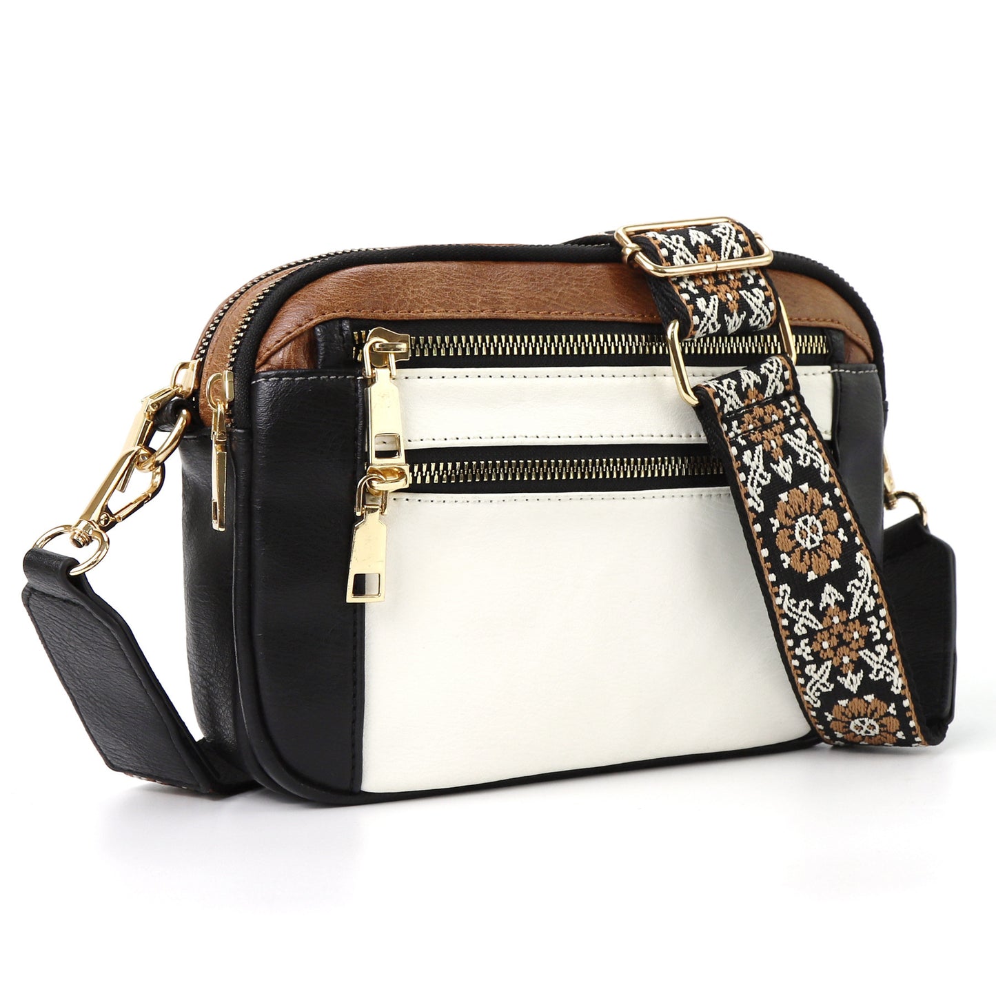 Sac Bandoulière Triple-Zip à Sangles Brodées – Sac Crossbody Femme | Ravelux