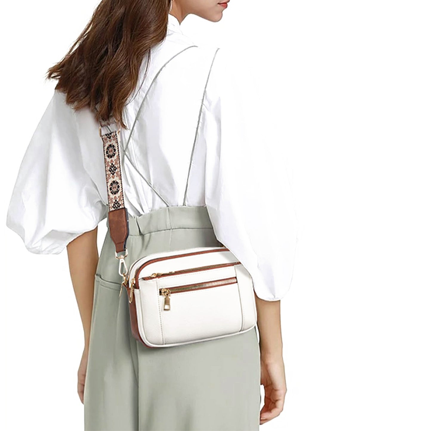 Sac Bandoulière Triple-Zip à Sangles Brodées – Sac Crossbody Femme | Ravelux