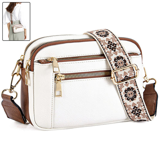 Sac Bandoulière Triple-Zip à Sangles Brodées – Sac Crossbody Femme | Ravelux