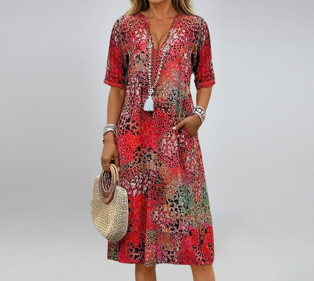 Robe Patchwork à Col V – Légèreté & Élégance Décontractée | Ravelux